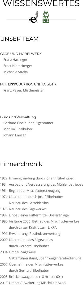 WISSENSWERTES UNSER TEAM SÄGE UND HOBELWERK 	Franz Haslinger 	Ernst Hinterberger 	Michaela Straka  FUTTERPRODUKTION UND LOGISTIK 	Franz Peyer, Mischmeister Büro und Verwaltung 	Gerhard Eibelhuber, Eigentümer 	Monika Eibelhuber 	Johann Ennser Firmenchronik1929	Firmengründung durch Johann Eibelhuber 1934	Ausbau und Verbesserung des Mühlenbetriebes 1964	Beginn der Mischfuttererzeugung 1971	Übernahme durch Josef Eibelhuber Neubau des Getreidesilos 1978	Neubau des Sägewerkes 1987	Einbau einer Futtermittel-Dosieranlage 1990	bis Ende 2006: Betrieb des Mischfutterwerkes durch Linzer Kraftfutter - LIKRA 1991	Erweiterung: Restholzverwertung 2000	Übernahme des Sägewerkes durch Gerhard Eibelhuber 2004	Umbau Sägewerk Gatterführerstand, Spannwagenfernbedienung 2007	Übernahme des Mischfutterwerkes durch Gerhard Eibelhuber 2008	Brückenwaage neu (18 m - bis 60 t) 2013	Umbau/Erweiterung Mischfutterwerk